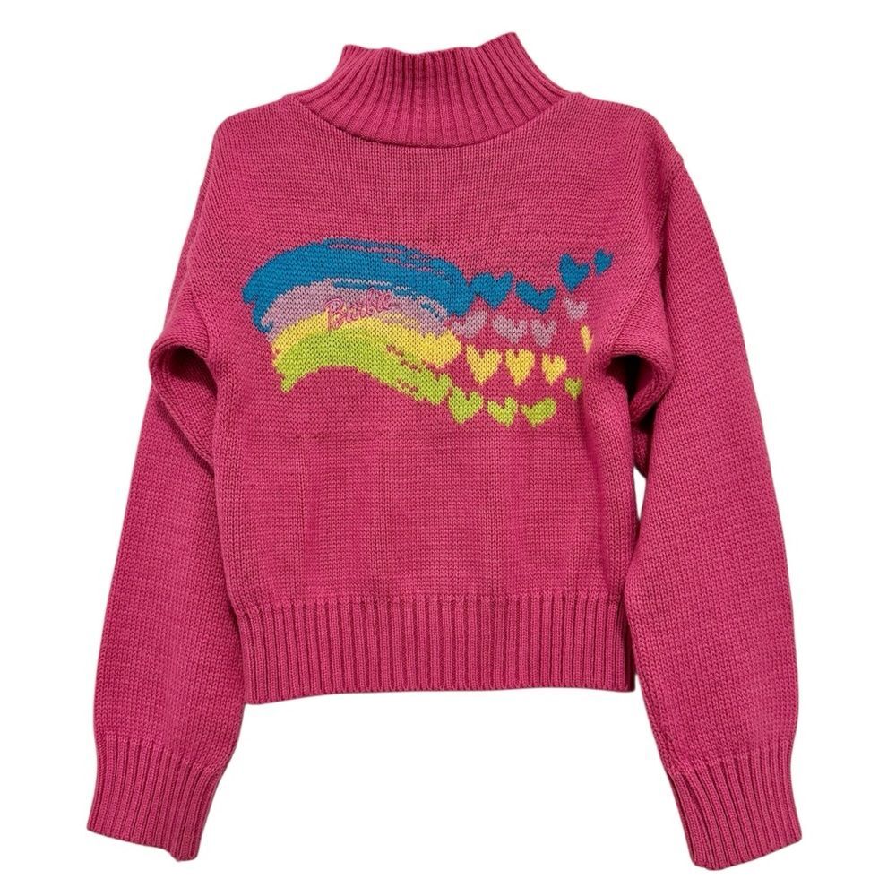 Barbie VTG Y2K Girls' Sweater Size 6/6X Pink Knit Heart Rainbow Embroidered